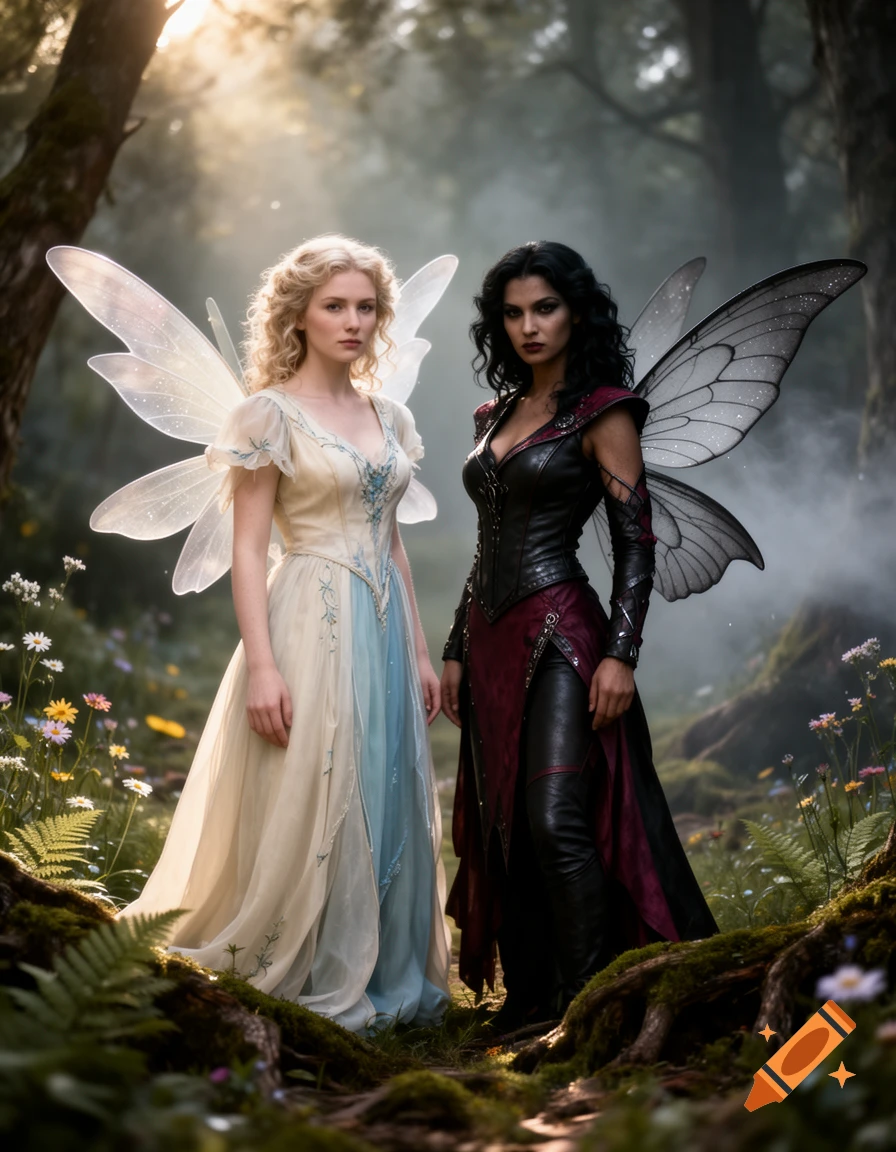 Photorealistic image of two fairies standing in a misty forest, one in a light dress with white wings and one in dark leather with black wings.