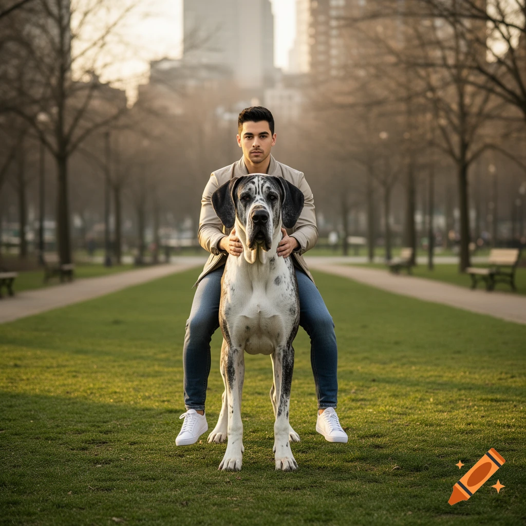 Photorealistic image of a man resembling Joe Jonas riding on the back of a giant Great Dane in a park.
