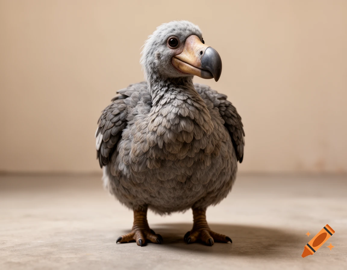 Photorealistic dodo bird standing on a concrete floor against a neutral beige wall.
