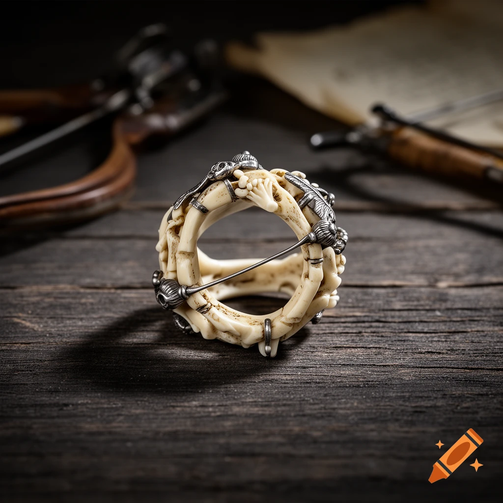 Close-up photorealistic shot of an ornate fantasy ring made of bone and silver on a dark wooden surface.