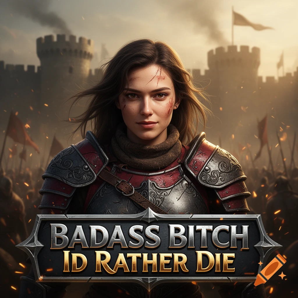 Close-up of a fierce female warrior in armor with a battle-scarred face, standing before a medieval castle.