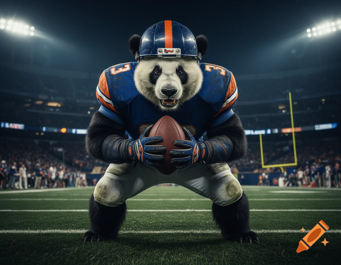 An aggressive panda wearing a blue and orange American football uniform and helmet, holding a football in a stadium.