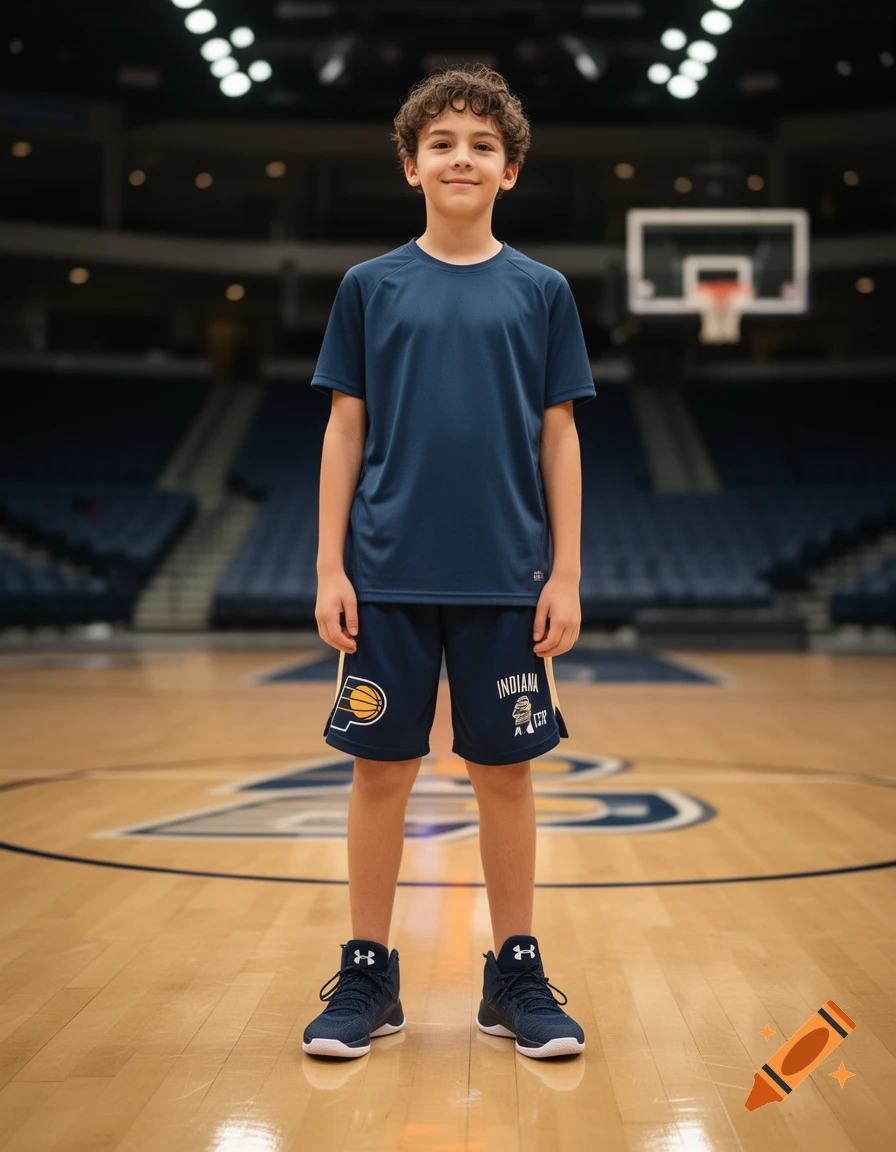Photorealistic full-body shot of a young boy standing on a basketball court wearing team shorts and sneakers.
