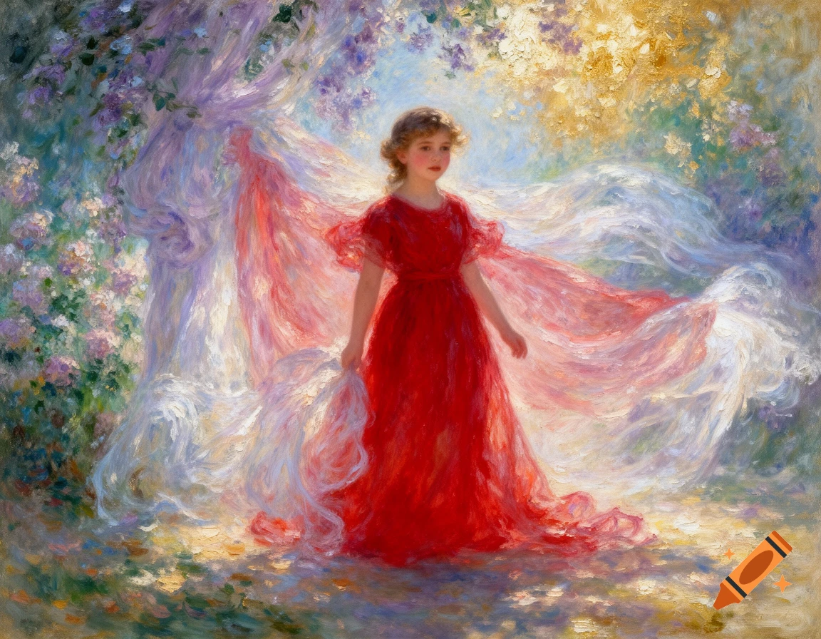 Monet style impressionist painting of a young girl in a vibrant red dress surrounded by flowing pink and white drapes and dappled light.