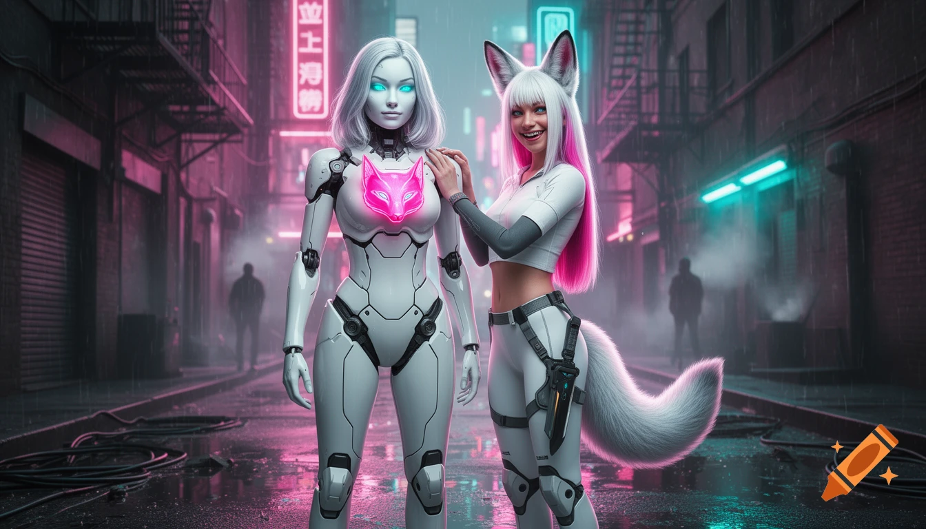 Cinematic photo of a female android and a cyberpunk kitsune companion standing in a neon-lit rain-slicked alley.