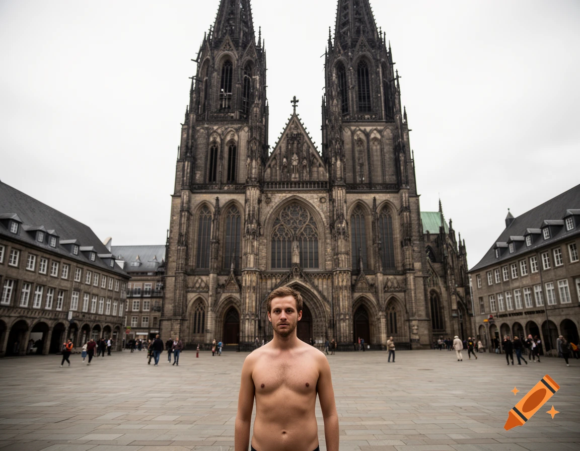 Photorealistic image of a shirtless man standing in a large cobblestone plaza in front of the Aachen Cathedral.