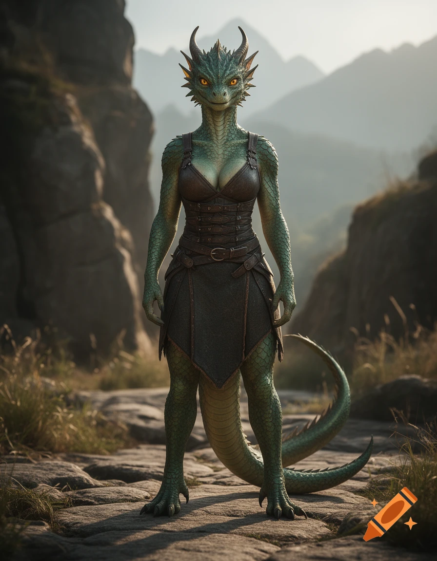 Photorealistic full-body portrait of a female anthropomorphic green dragon with horns standing on a stone path in a mountainous landscape.