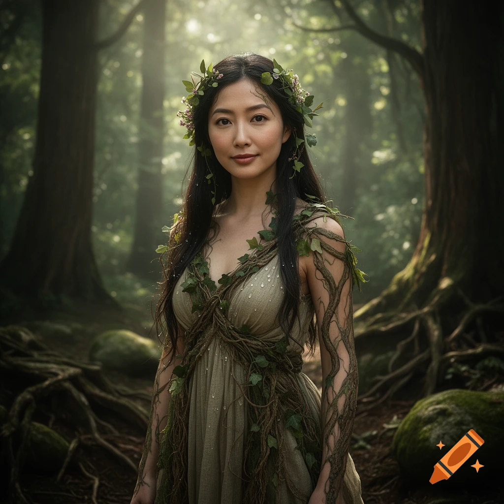 Photorealistic portrait of a woman resembling a fantasy dryad with ivy and vine-like features in a misty forest.