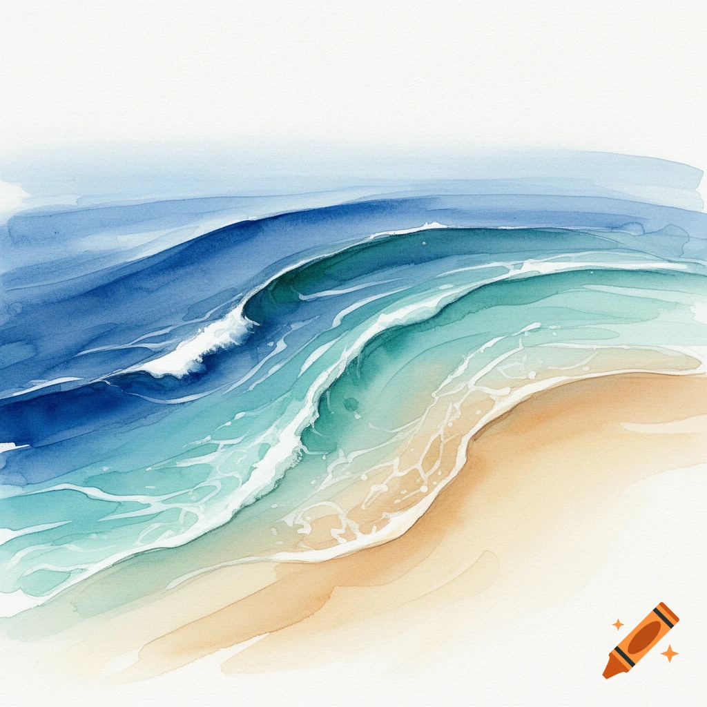 Abstract watercolor painting of ocean waves rolling onto a sandy beach in shades of blue, teal, and beige.