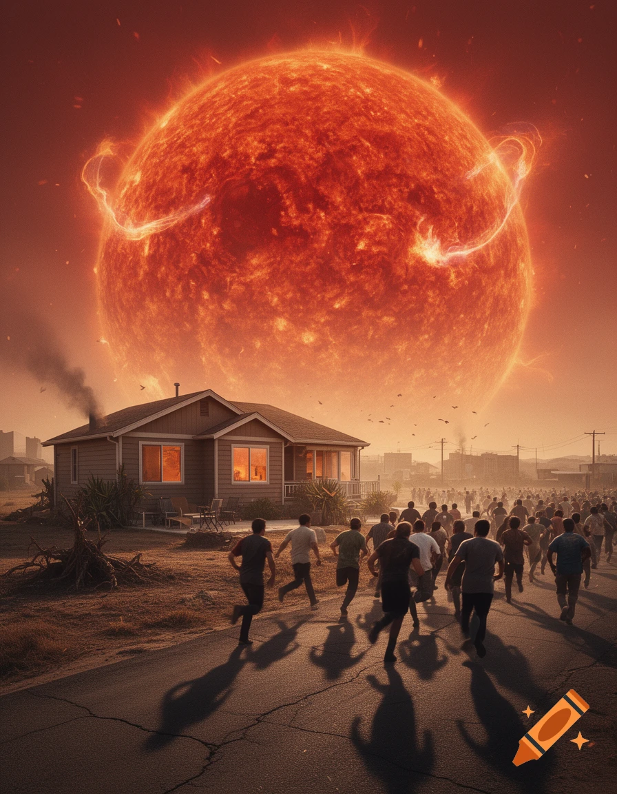 Crowd of people running down a street away from a massive, glowing red sun looming over a suburban house.