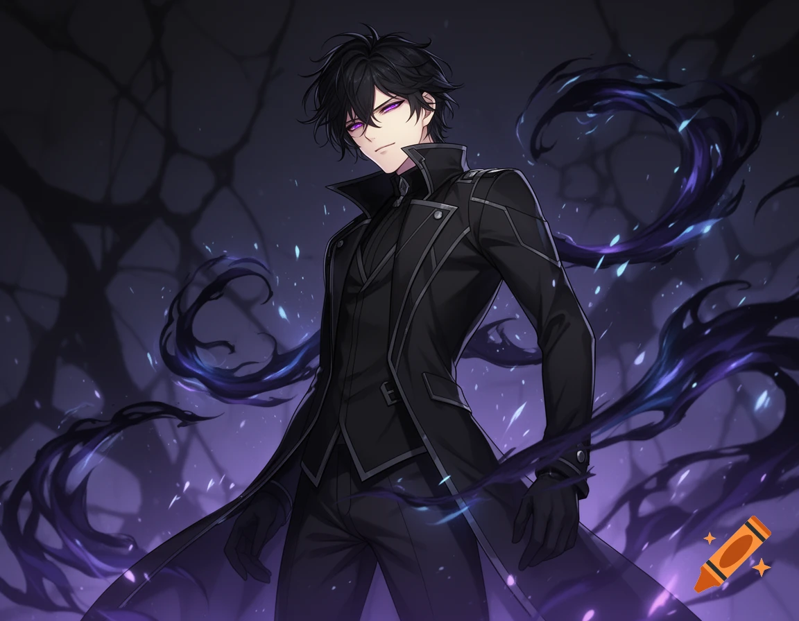 Anime style illustration of a handsome dark-haired man with glowing purple eyes wearing a black coat in a dark setting.