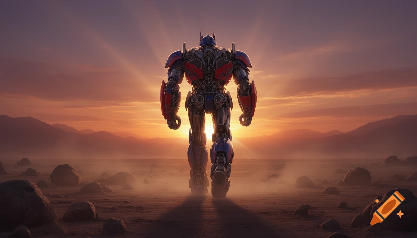 Optimus Prime walking away into a sunset across a desolate, rocky landscape, cinematic style.