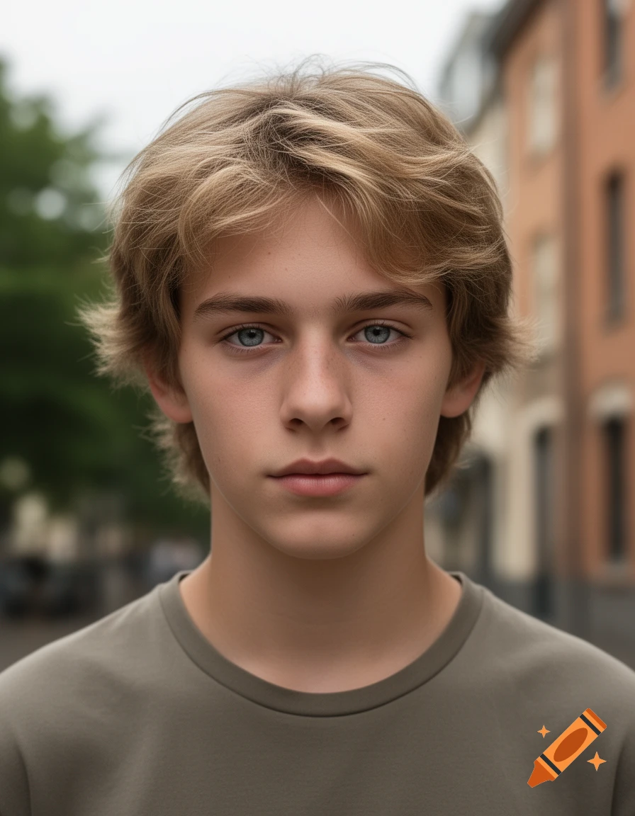 Photorealistic portrait of an eighteen-year-old adolescent boy with blond hair and blue eyes, wearing a gray t-shirt.