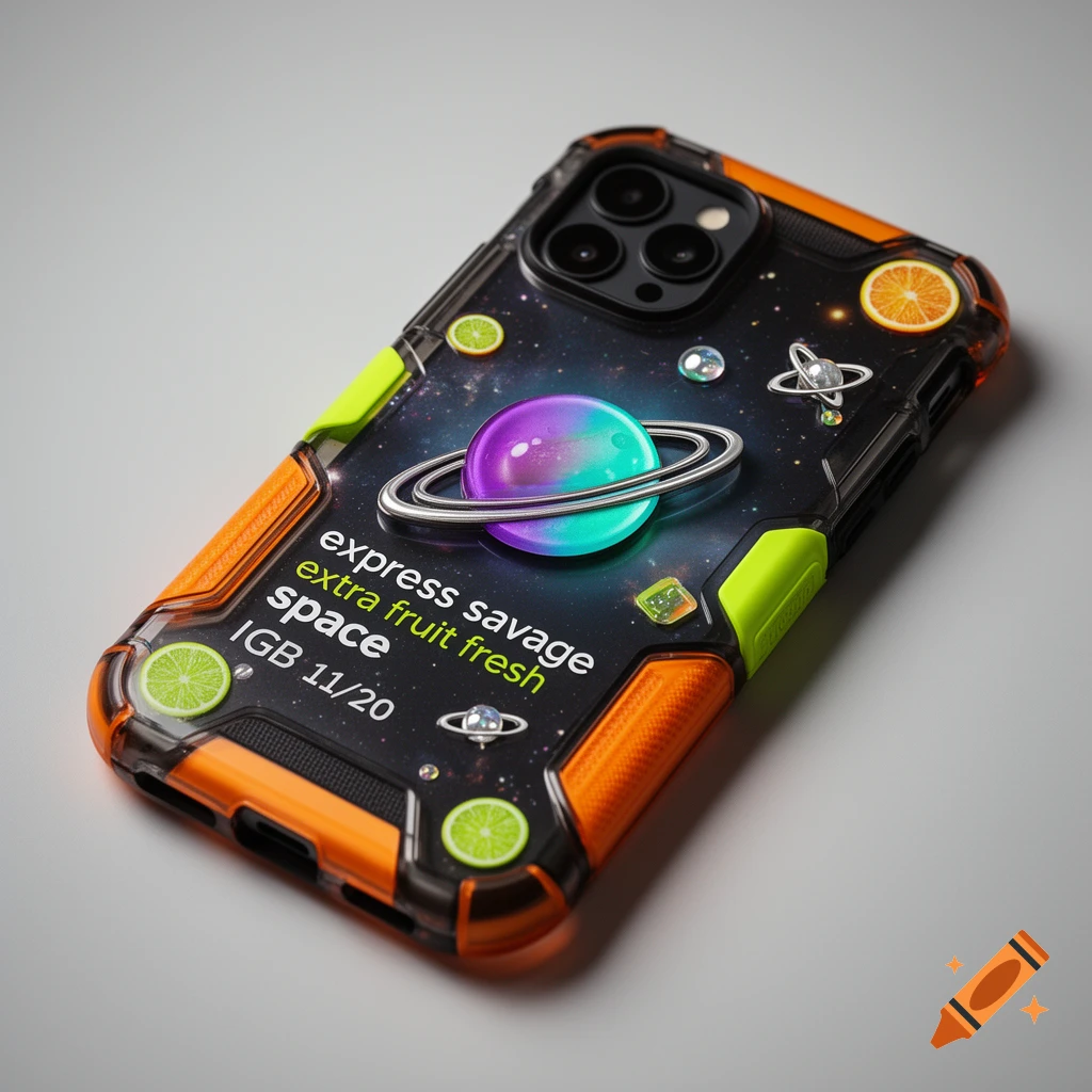 A rugged black and orange smartphone case featuring a cosmic space design with planets, fruit stickers, and white text.