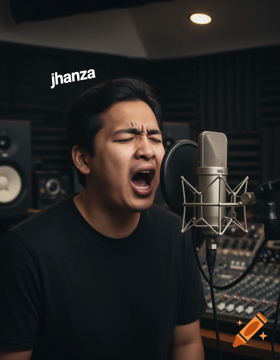 Photorealistic image of a young man singing passionately into a studio microphone, with the word jhanza floating near his head.
