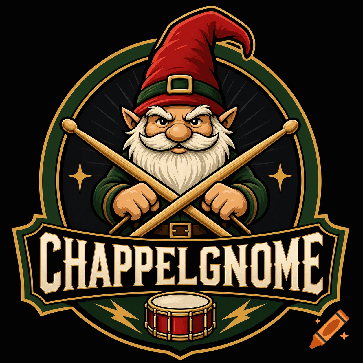Logo of a grumpy gnome wearing a red hat and holding two crossed drumsticks, with the text 'CHAPPELGNOME' below.
