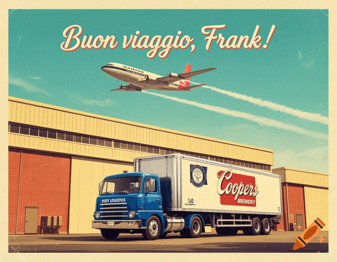 Vintage 1950s postcard featuring a blue Visy Logistics semi-truck, a Coopers Brewery trailer, a warehouse, and a Qantas airplane in flight with text reading Buon viaggio, Frank!
