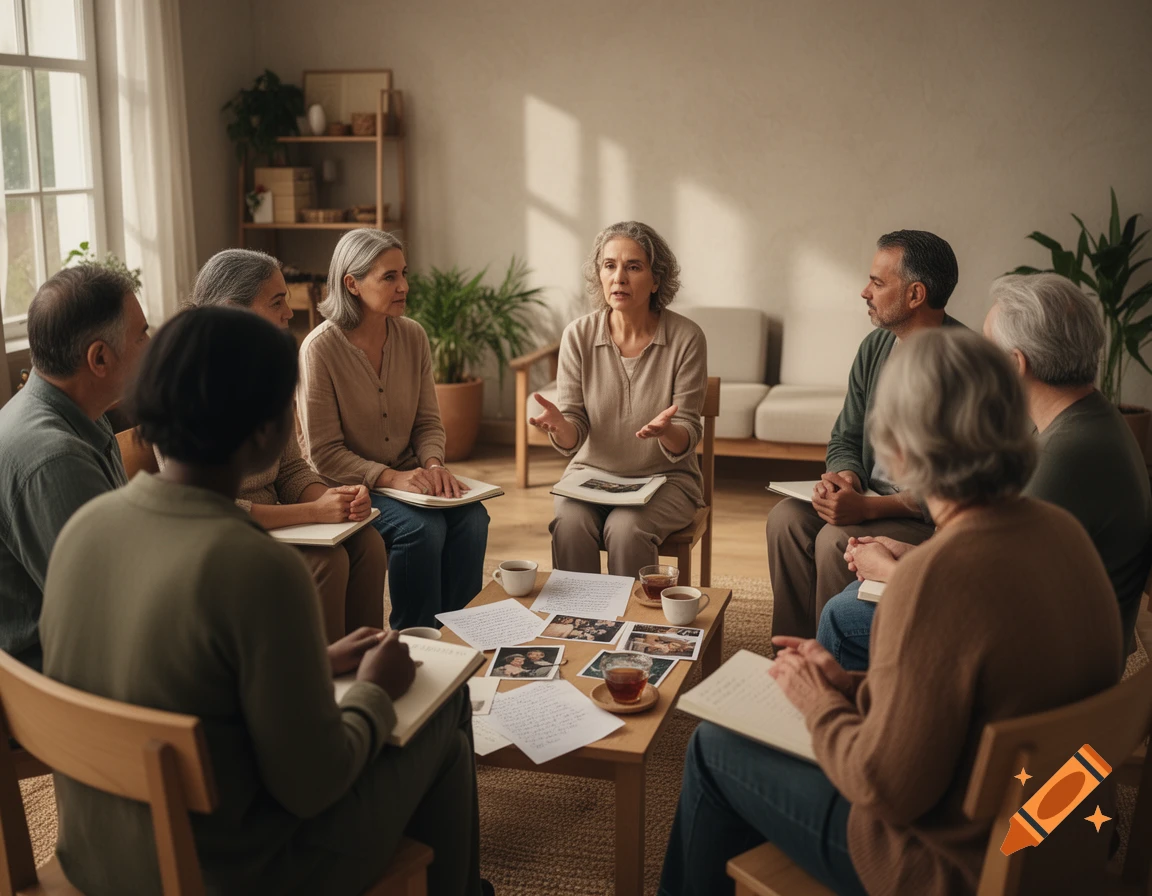Photorealistic image of a diverse group of adults sitting in a circle in a warm, sunlit room, sharing and looking at notes.