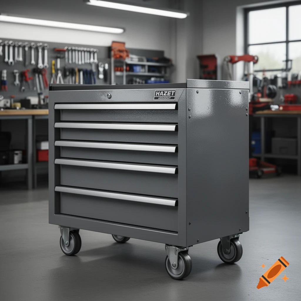 Photorealistic image of a grey Hazet tool chest on wheels inside a workshop.