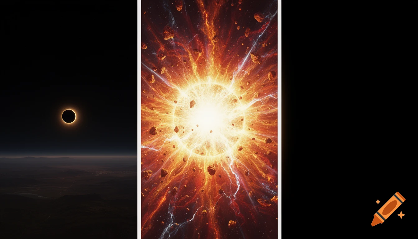 A multi-panel cosmic view showing a solar eclipse, a desolate planetary landscape, and a massive supernova explosion with debris.