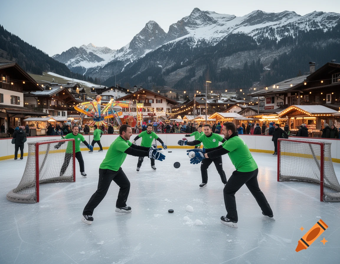 Men in green shirts playing ice hockey with pucks on an outdoor rink in a mountain village with snowy peaks.