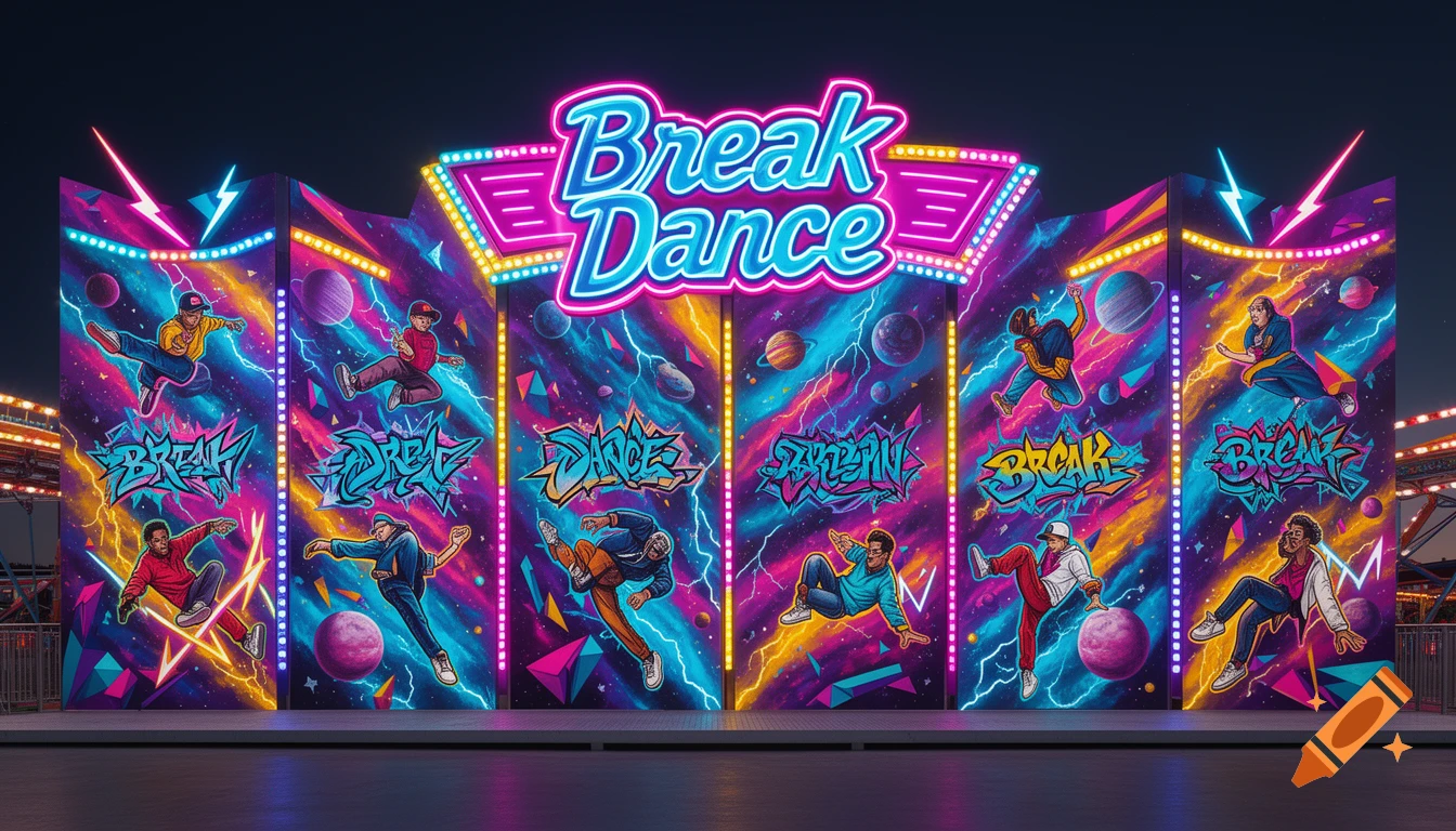 Vibrant neon-lit fairground backwall with breakdancing graffiti art and a glowing 'Break Dance' sign.