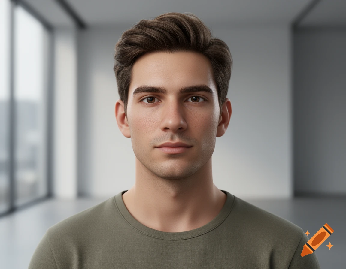 Photorealistic frontal portrait of a 23-year-old man with dark styled hair in a modern interior.