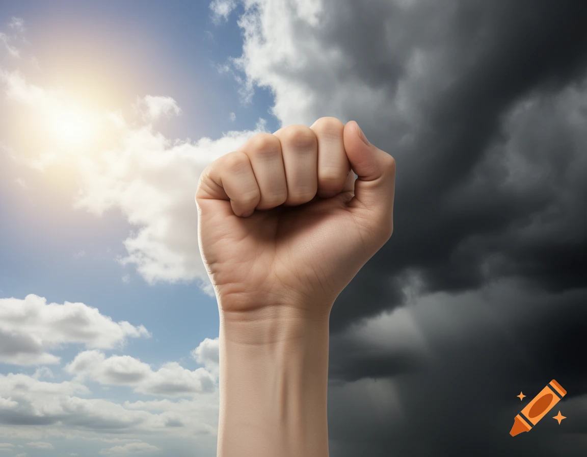 A light-skinned fist raised in the air against a split background of sunny sky on the left and dark stormy clouds on the right.