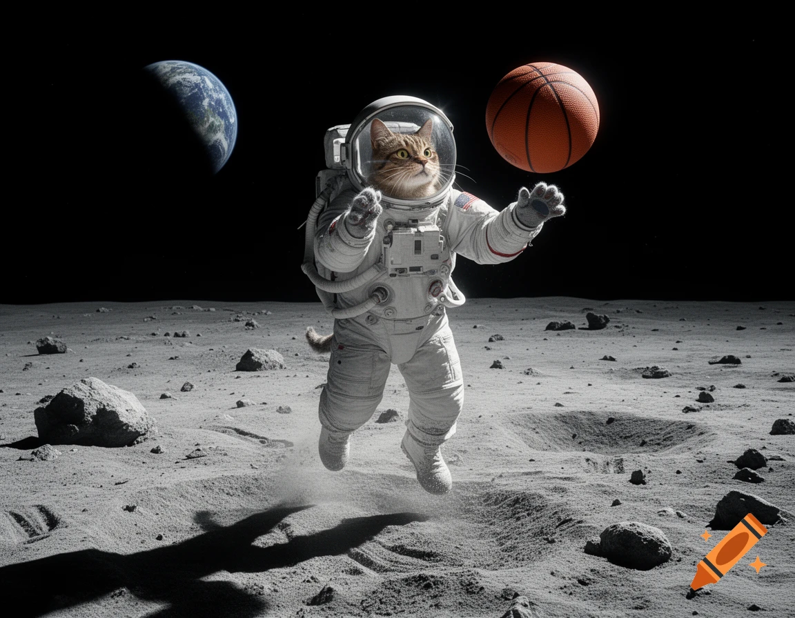 Photorealistic image of a tabby cat in a spacesuit playing basketball on the moon, with Earth visible in the black sky.