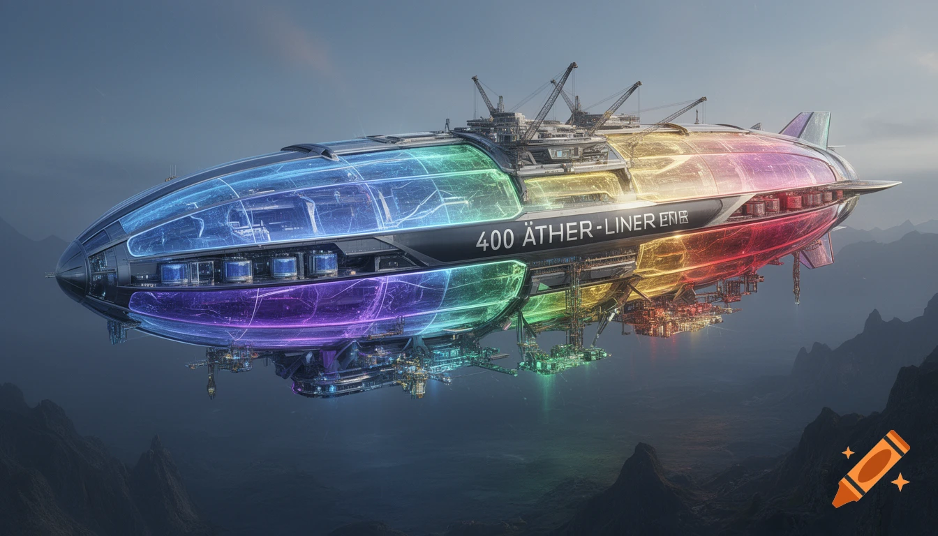 Photorealistic image of a massive iridescent rainbow airship floating above mountainous terrain with text on its side.