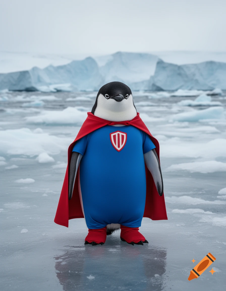 A photorealistic penguin wearing a blue superhero suit with a red cape and shield emblem, standing on ice in Antarctica.