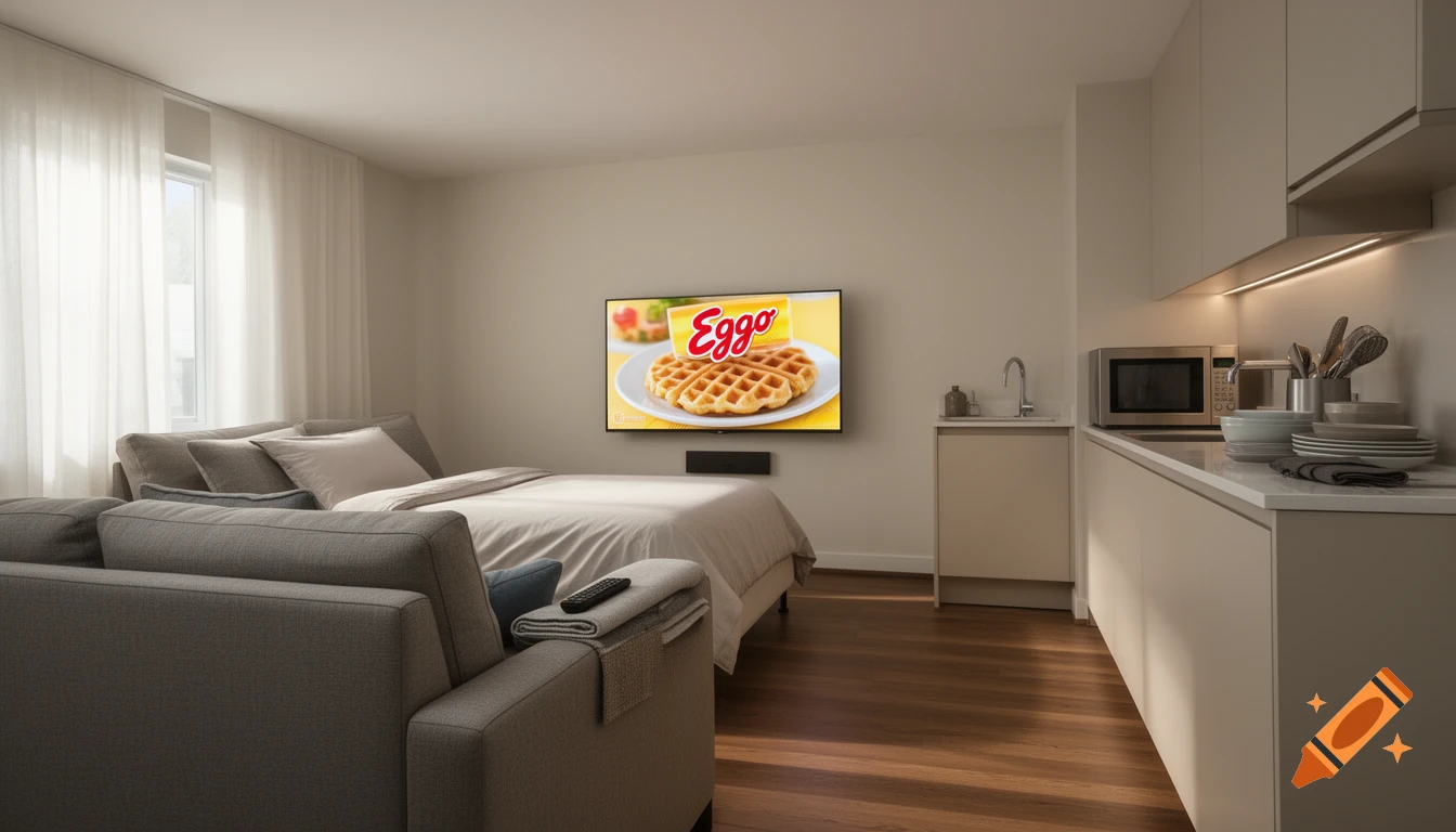Photorealistic wide shot of a modern studio apartment with a bed, a couch, a kitchenette, and a TV playing an Eggo waffle commercial.
