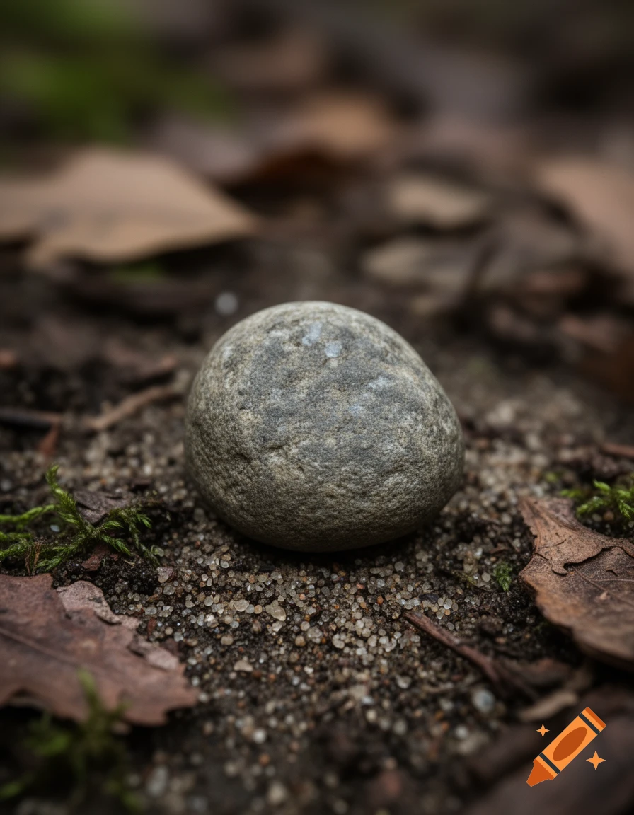 Close-up photorealistic shot of a gray pebble resting on sandy forest ground among moss and dry leaves.
