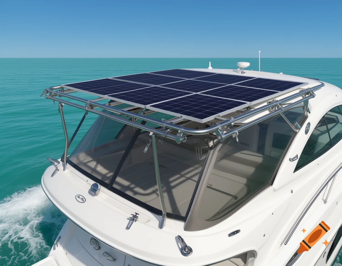 High angle photograph of a white Sea Ray boat with a solar panel rack installed on the roof, sailing on calm turquoise water under a blue sky.