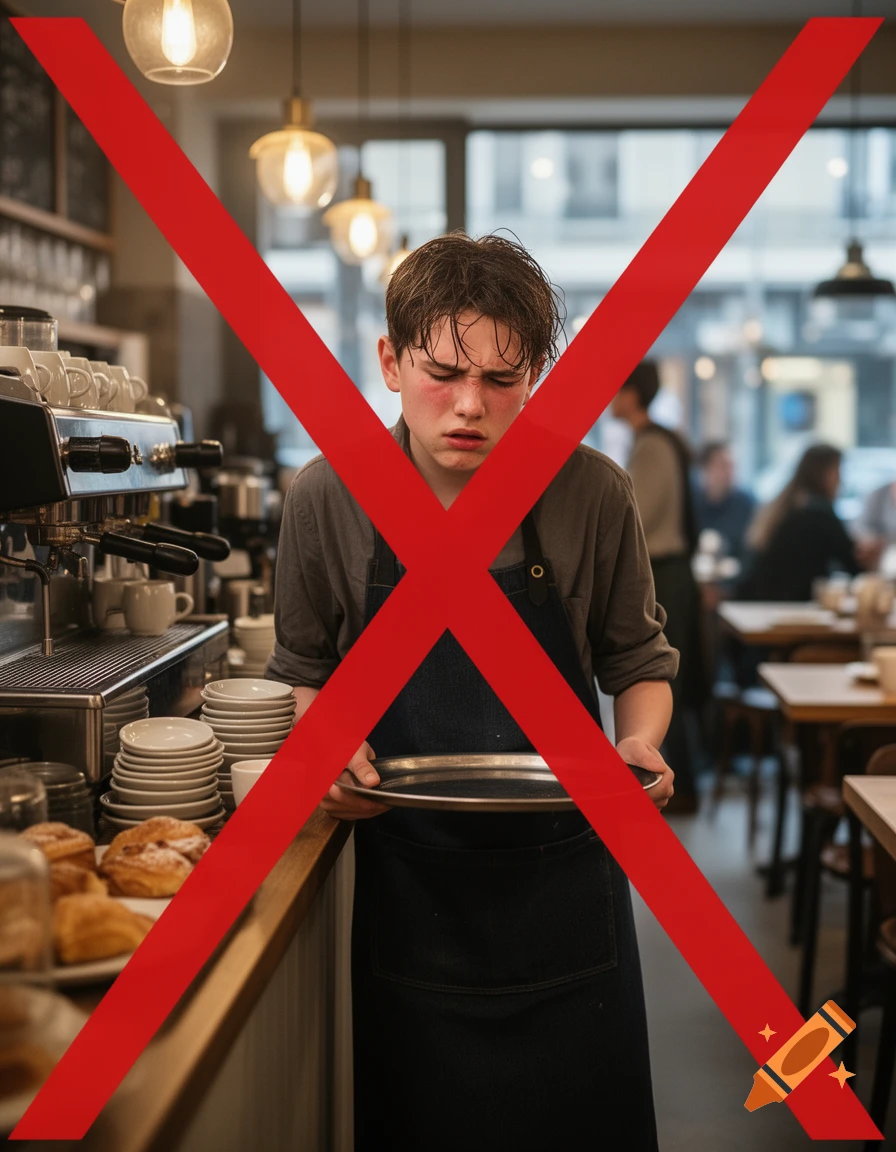 Exhausted young cafe worker with flushed face holding a tray at a coffee bar, with a large red X overlaid across the image.
