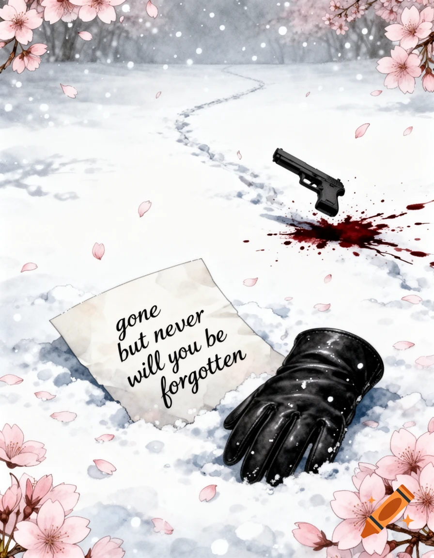 Watercolor manga illustration of a snow-covered landscape with cherry blossoms, a black leather glove, a letter with text, and a gun.