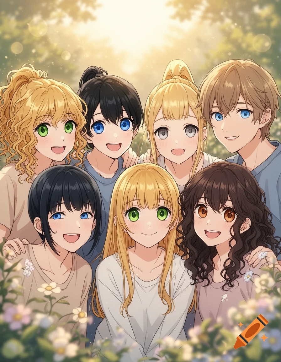 Anime style illustration of a group of six smiling friends together outdoors amongst flowers.