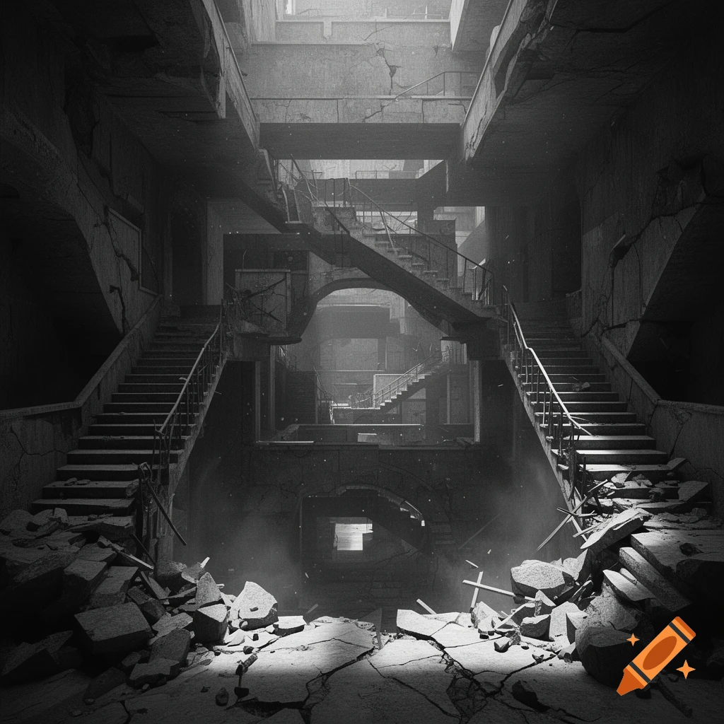 Crumbling brutalist labyrinth with impossible staircases in black and white.