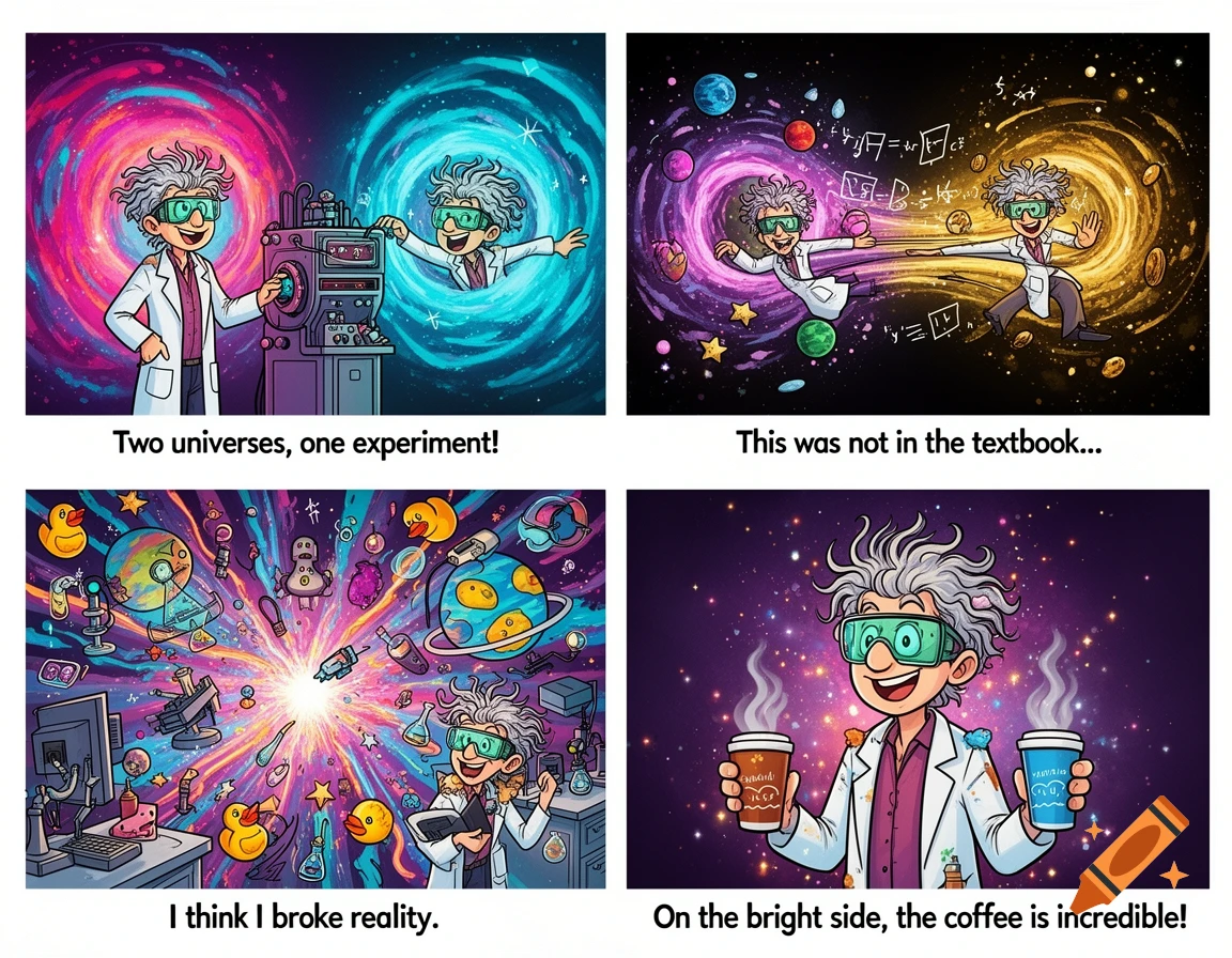 A four-panel comic strip in cartoon style featuring a wacky scientist experimenting with two universes and coffee.