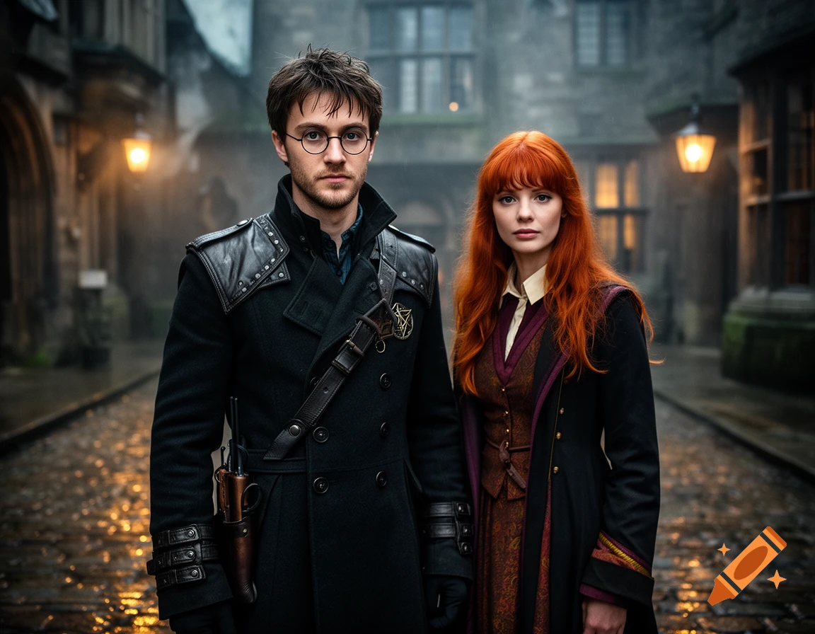 Photorealistic portrait of adult Harry Potter in an Auror coat standing next to Ginny in a medieval cobblestone street.