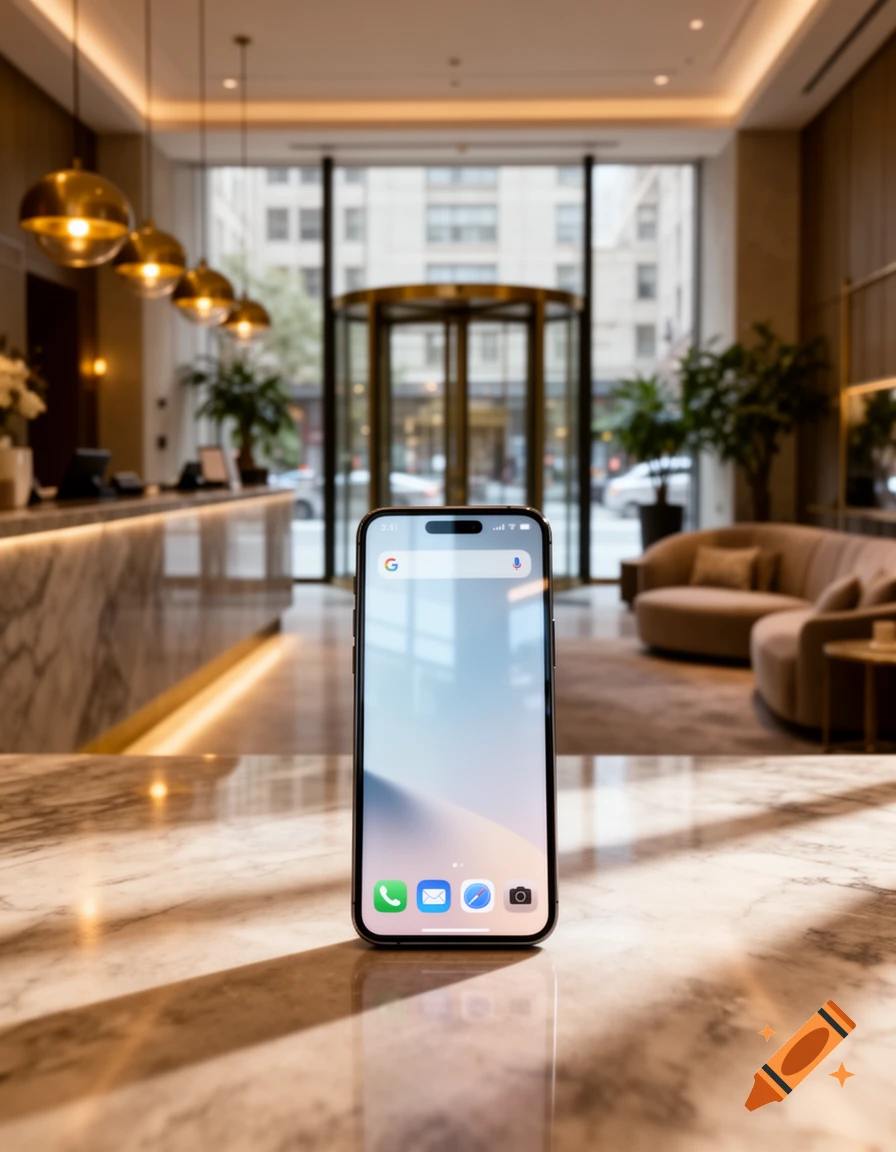 Photorealistic image of a smartphone displaying a search bar on its screen, placed on a marble surface in a hotel lobby.