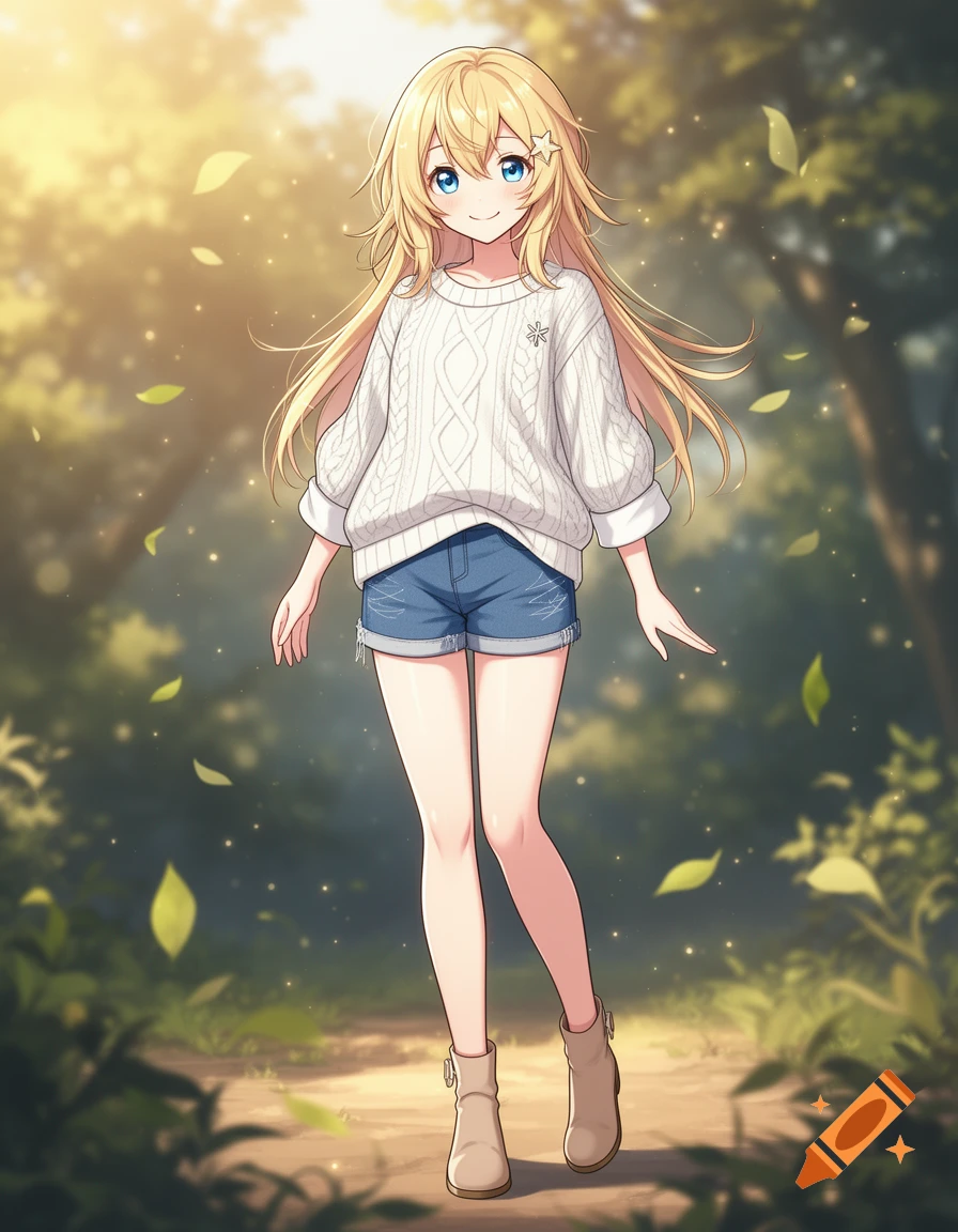 Anime style illustration of a blonde girl in a white sweater and jean shorts walking along a sunlit forest path.