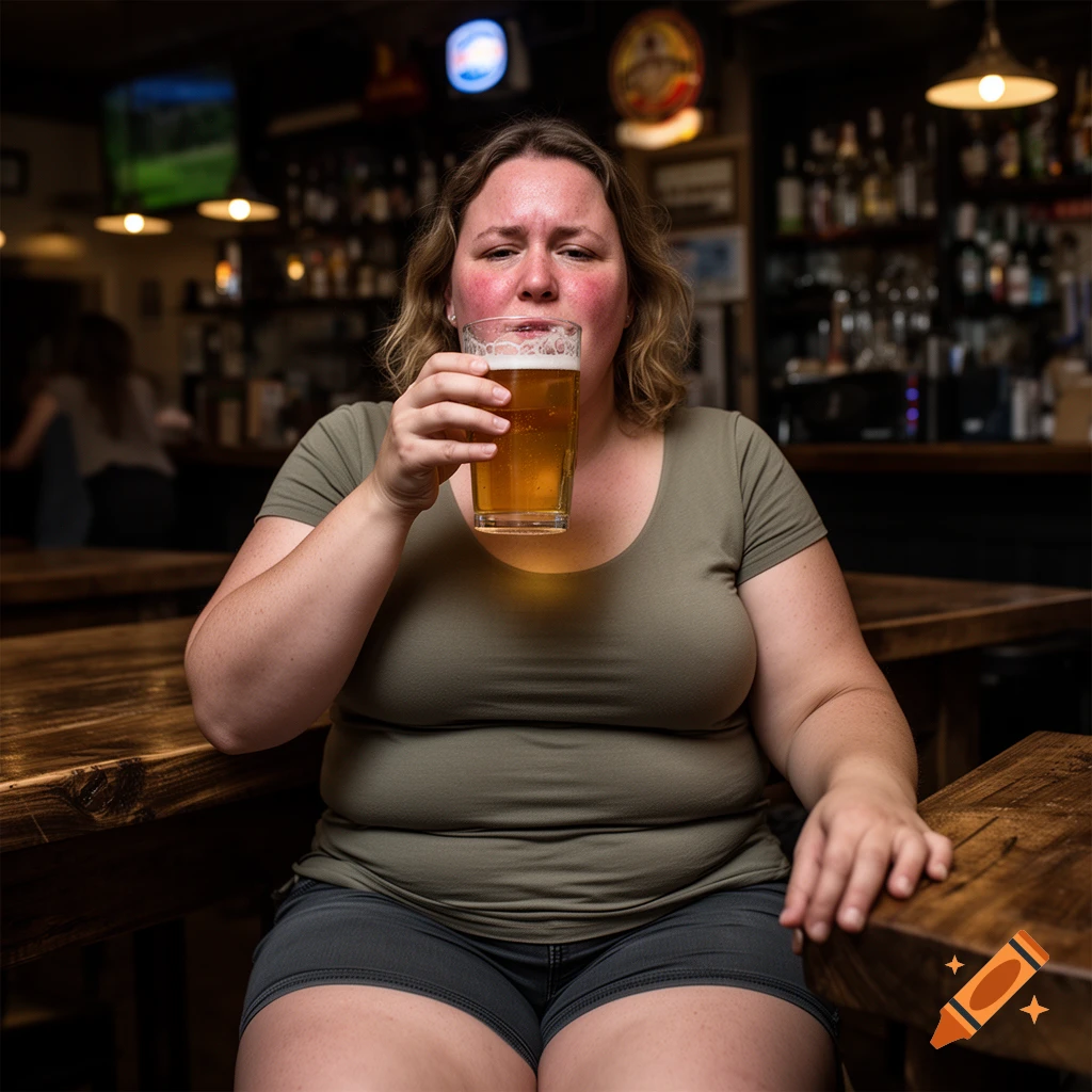 Photorealistic image of a woman sitting in a bar, holding and drinking a glass of beer.