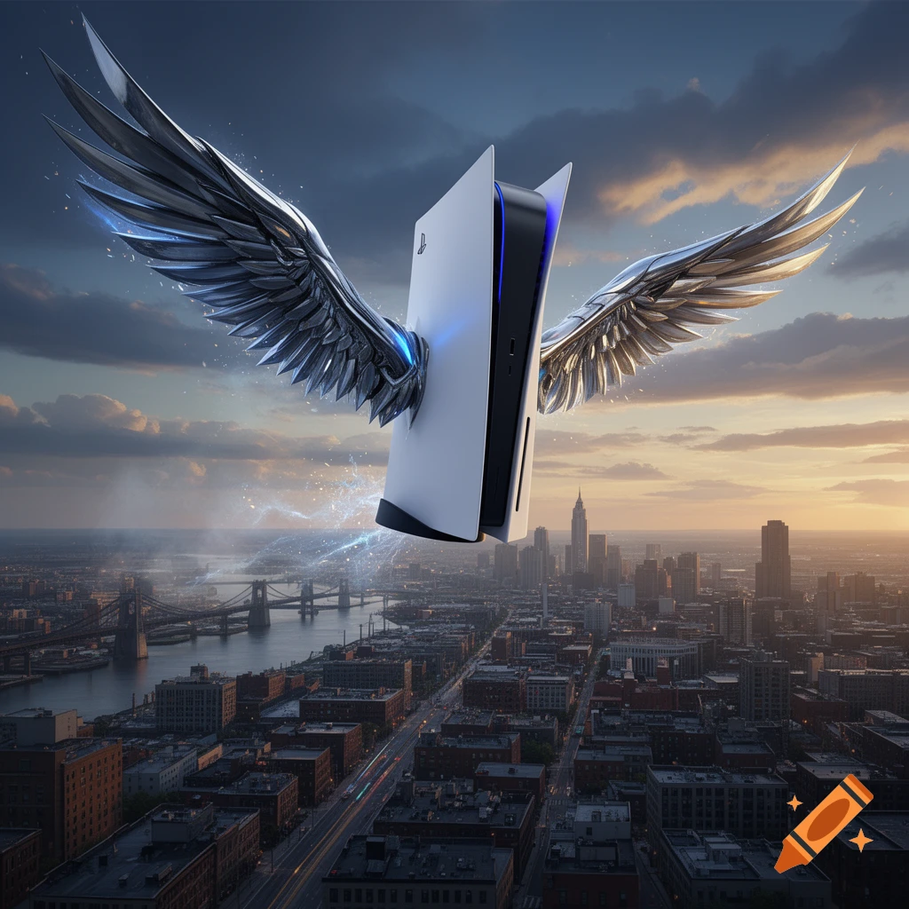 Photorealistic image of a PlayStation 5 console with large metallic angel wings flying over Newark, New Jersey at sunset.