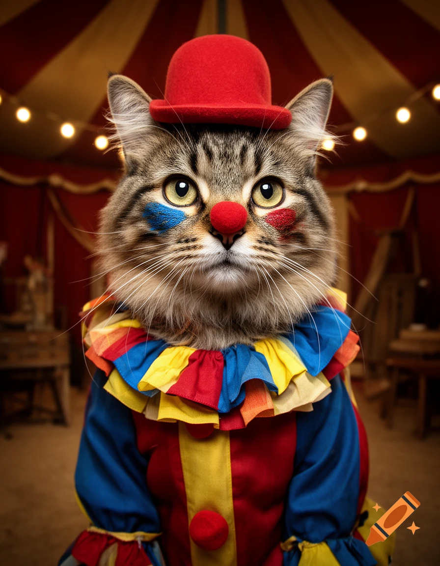 Photorealistic portrait of a fluffy tabby cat dressed as a clown in a circus tent.
