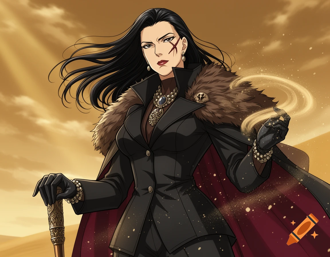 Anime style illustration of an older woman with black hair and a scar on her face, wearing a black suit and fur shawl, holding a cane and summoning sand in a desert setting.