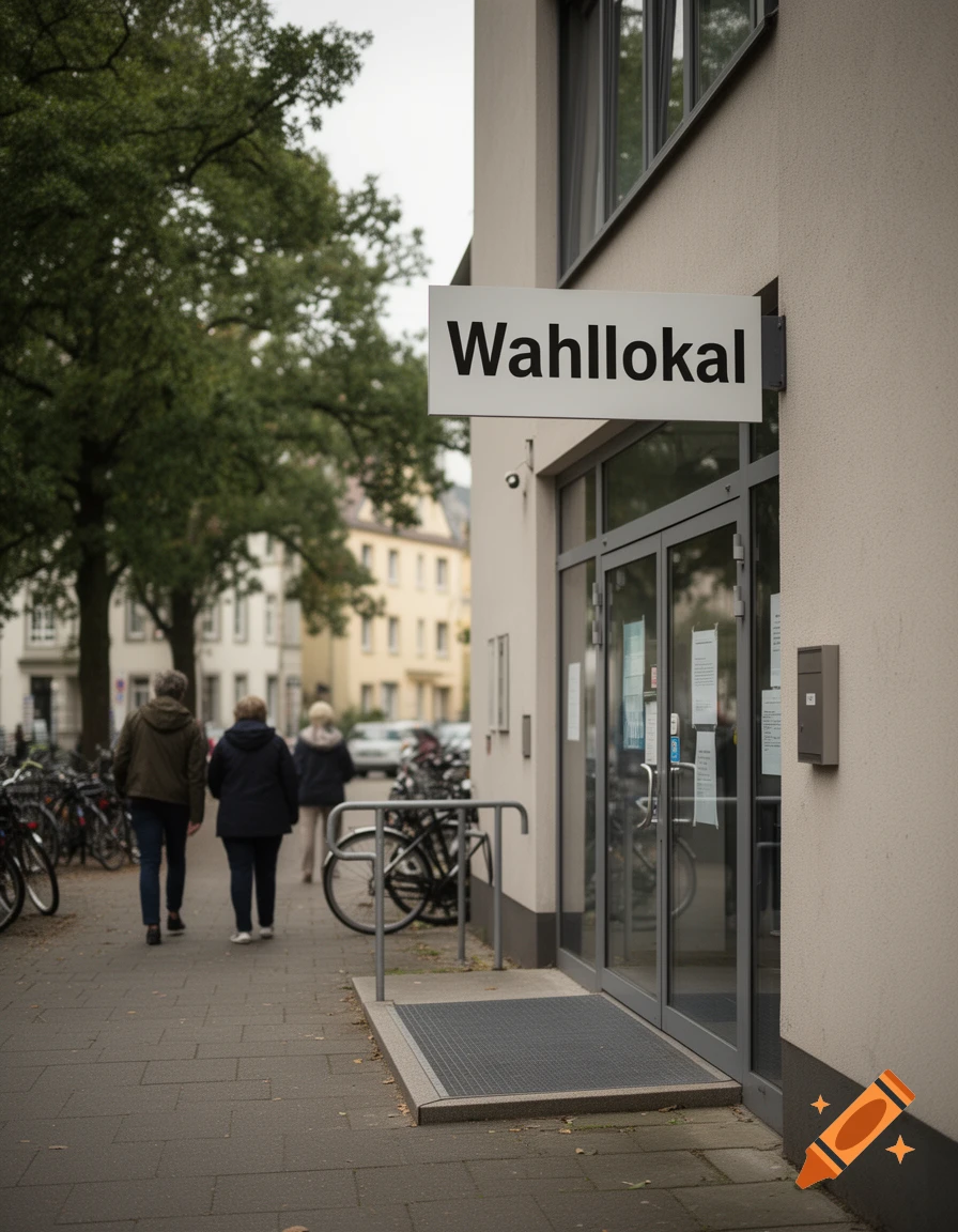 Photorealistic image of a building entrance with a sign reading 'Wahllokal' and people walking on the sidewalk outside.