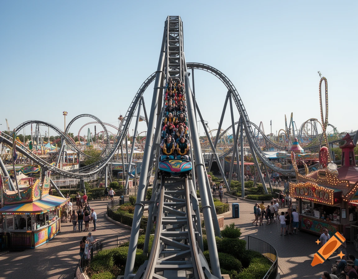 Photorealistic view of a roller coaster climbing a steep track at an amusement park filled with crowds and rides under a clear sky.