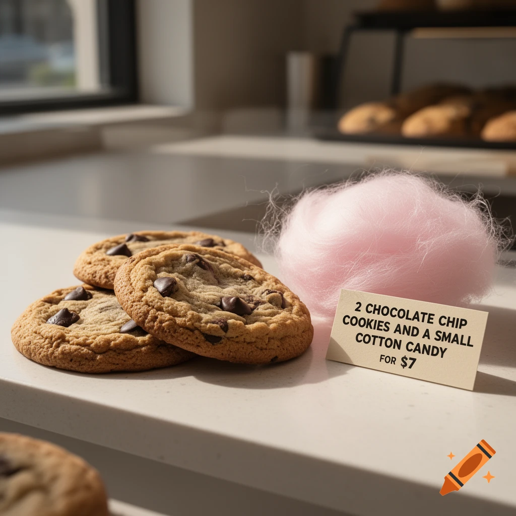 Photorealistic image of chocolate chip cookies, a small puff of pink cotton candy, and a price sign on a bakery counter.