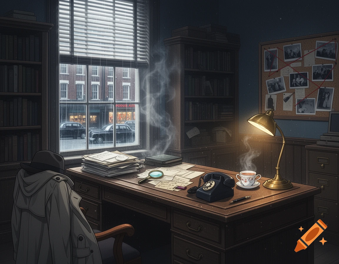 An illustrated 1940s detective office interior with a desk, typewriter, documents, rotary phone, and a case board in the background.